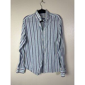 Nerosfumato Positano Blue Striped Linen Button Up Shirt Men Medium Long sleeve